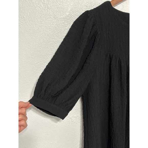 Evereve Babydoll Dress Puff Sleeve S Black Waffle Texture Dark Coquette - Picture 2 of 14